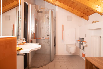 Höhenverstellbares Waschbecken, Duschwand mit beweglicher Duschsäule, höhenverstellbare Toilette als Dusch-WC. 
